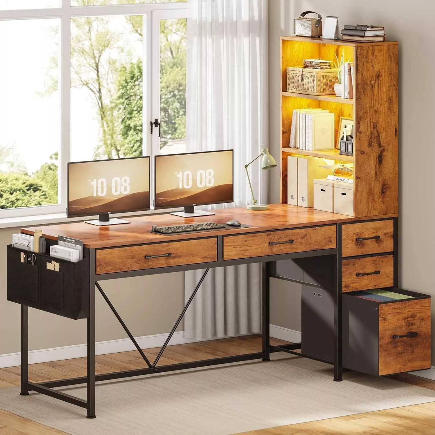 Reversible Computer Desk with 5 Fabric Drawers, Bo